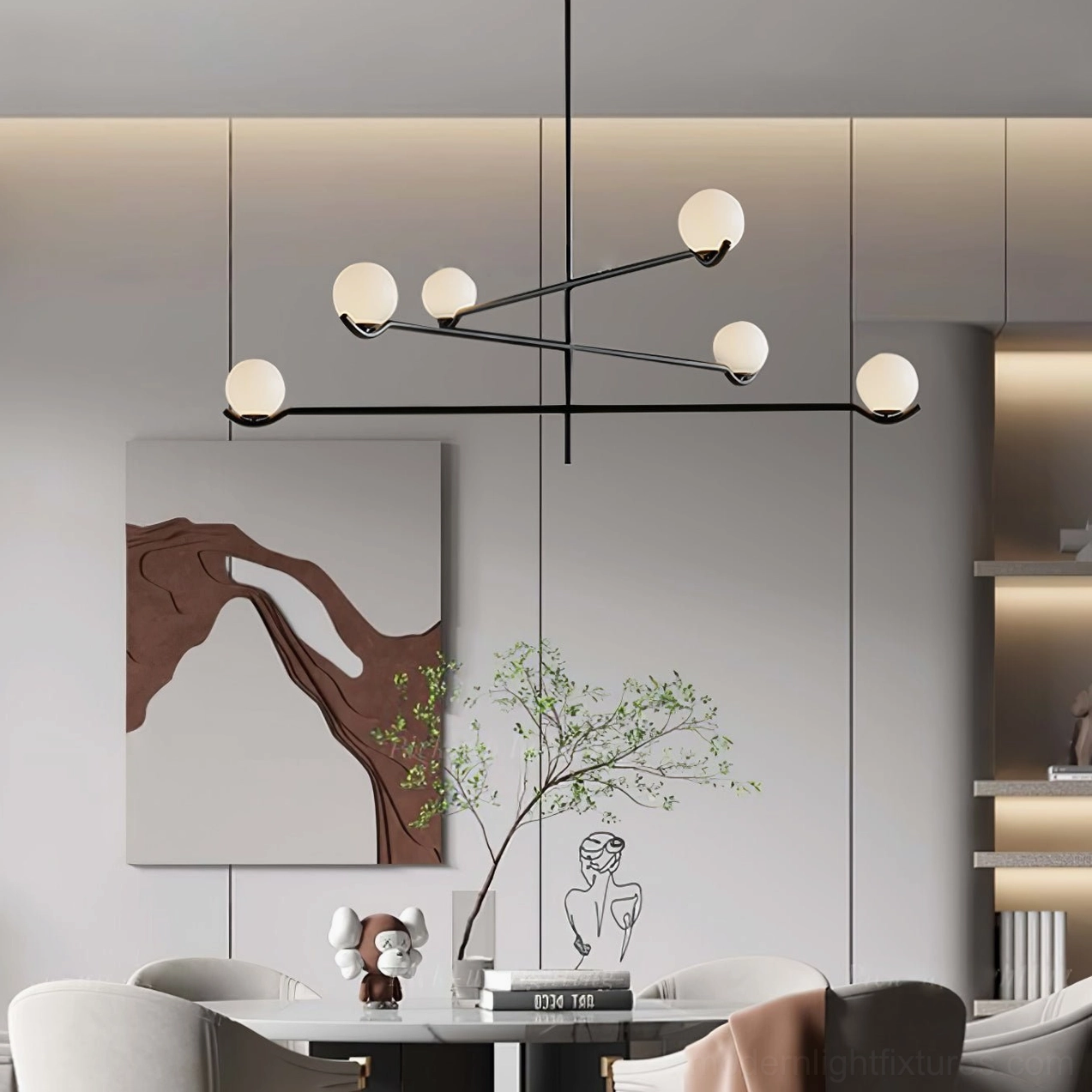 Modern sputnik chandelier with frosted glass globe shades providing warm, diffused ambient glow