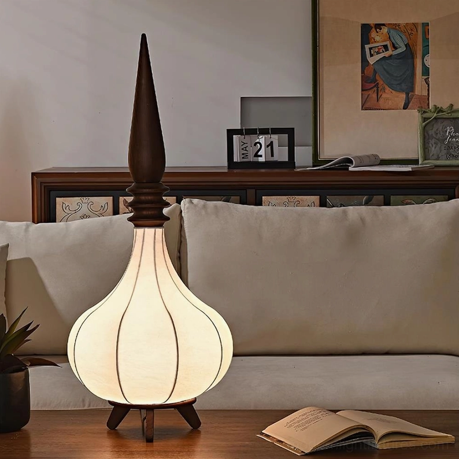 Sultano standard 88cm single-tier gourd floor lamp with walnut wood base illuminated warmly