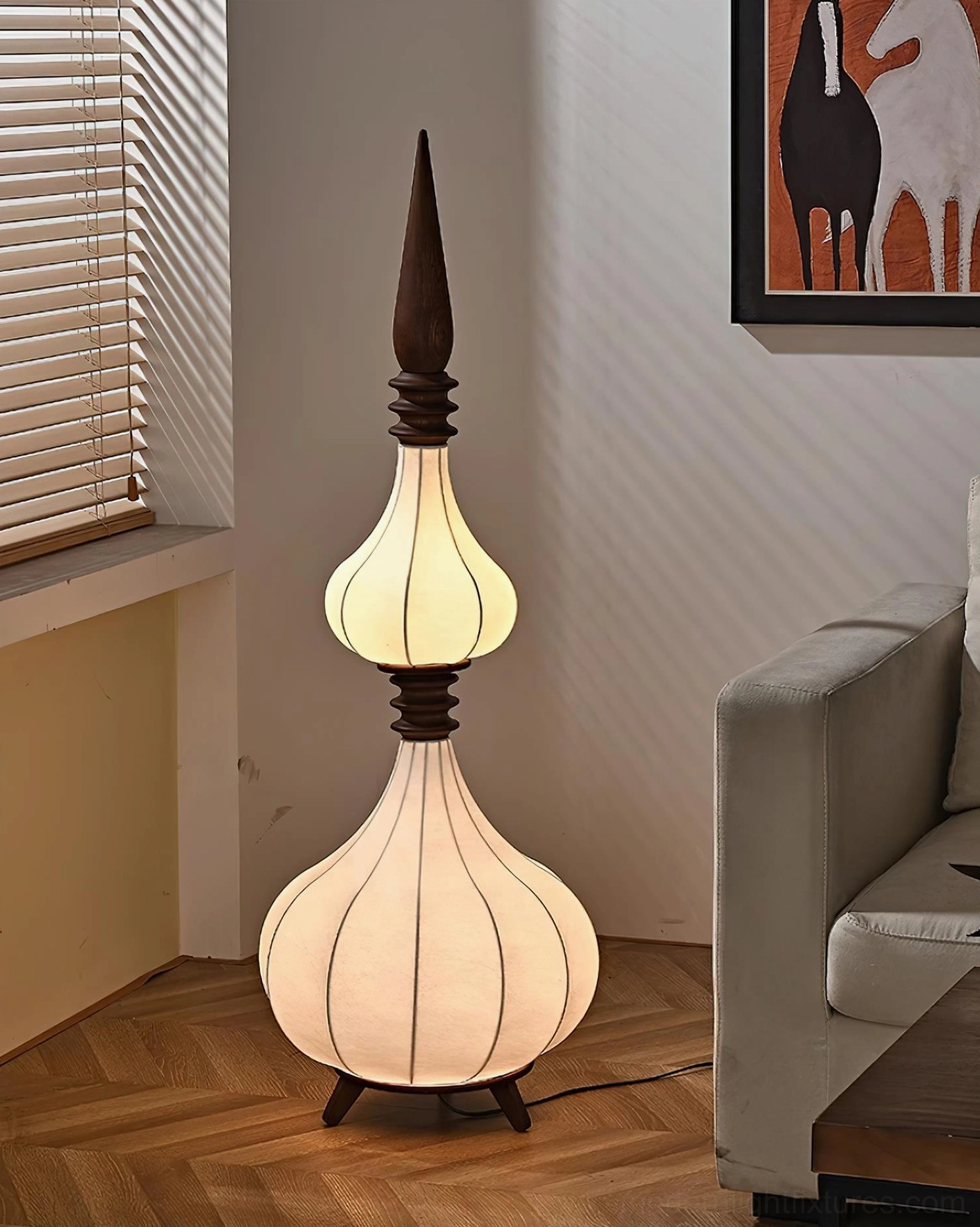 Single Sultano gourd floor lamp in contemporary bedroom beside nightstand for ambient lighting