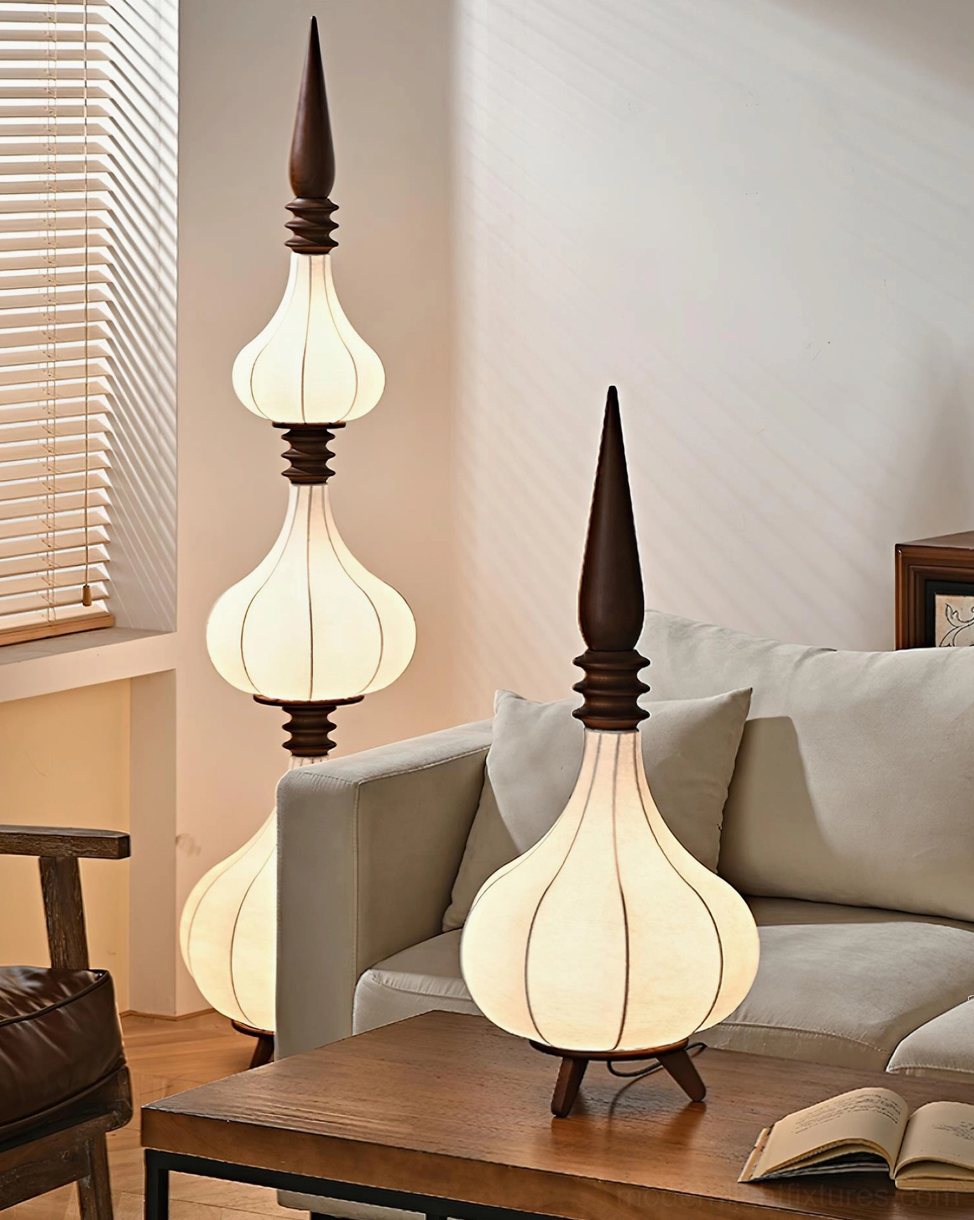 Illuminated Sultano gourd floor lamps with warm LED lighting in neutral contemporary living room