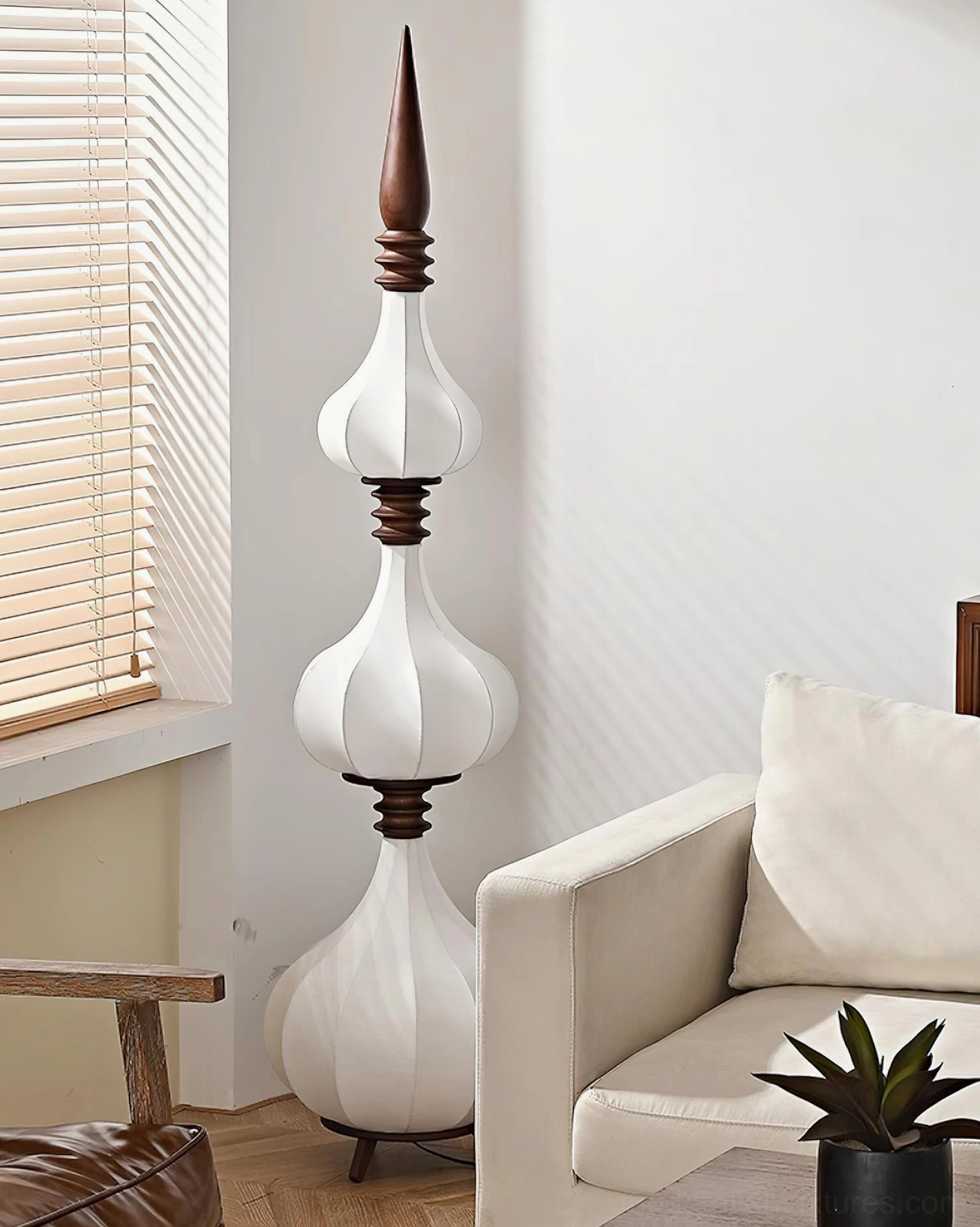 Close-up of Sultano floor lamp gourd-shaped shade with ribbed texture and warm white lighting