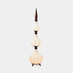 Sultano gourd floor lamp three-tier model with walnut wood body and white ribbed fabric shades on neutral background