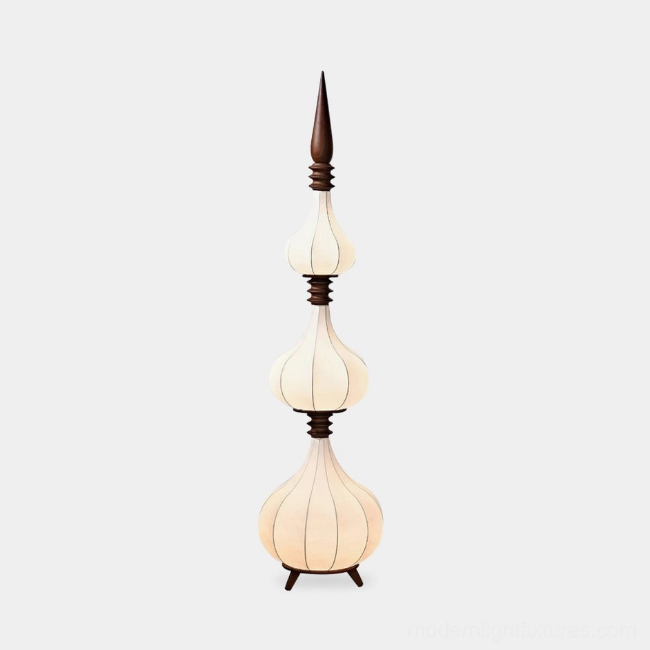 Sultano gourd floor lamp three-tier model with walnut wood body and white ribbed fabric shades on neutral background
