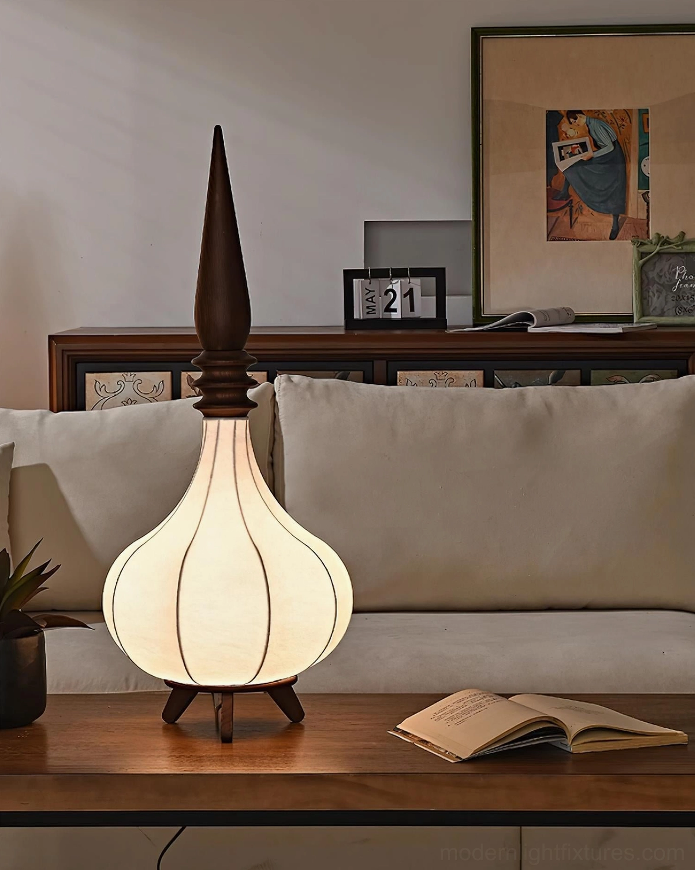 Sultano three-tier floor lamp architectural detail showing walnut wood and fabric shade construction