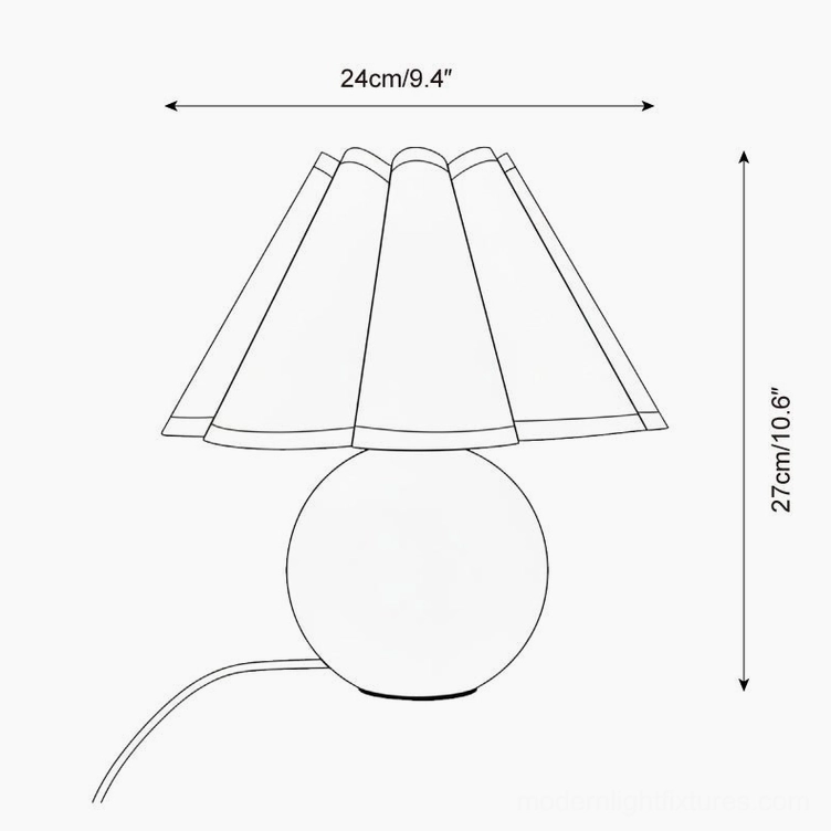 Sunburst pleated table lamp technical specification drawing showing 24cm diameter by 27cm height dimensions in inches and centimeters