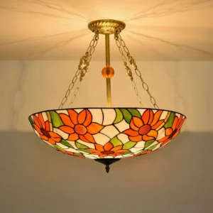 Sunnylace Tiffany chandelier installed in residential ceiling with warm ambient lighting and sunflower design