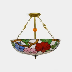 Sunnylace Tiffany stained glass chandelier front view with handcrafted floral pattern and bronze hardware