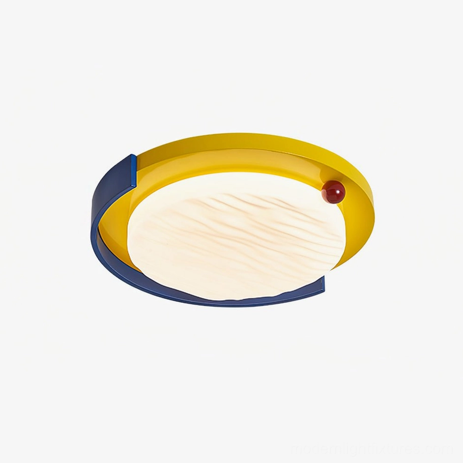 Sunpetal Model B color-blocked ceiling light fixture with blue and yellow frame and red decorative bead detail