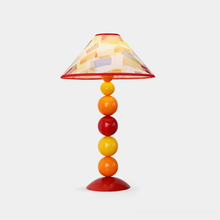 Sunset Harmony colorful beaded table lamp with red-trimmed conical shade and warm-toned spherical post on white background - modern decorative lighting