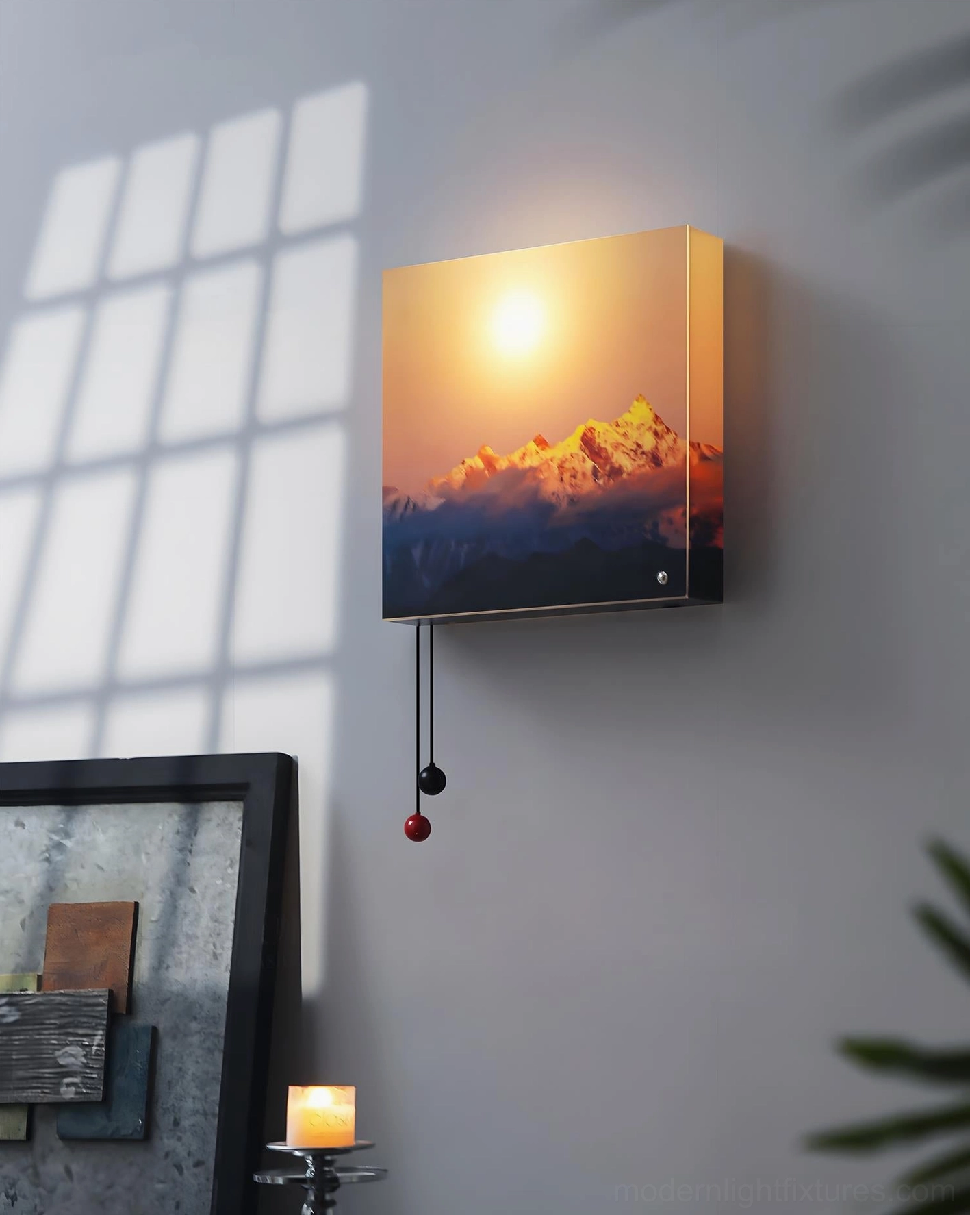 Alpine sunset gradient wall sconce with square acrylic panel and metal frame showing color transition detail