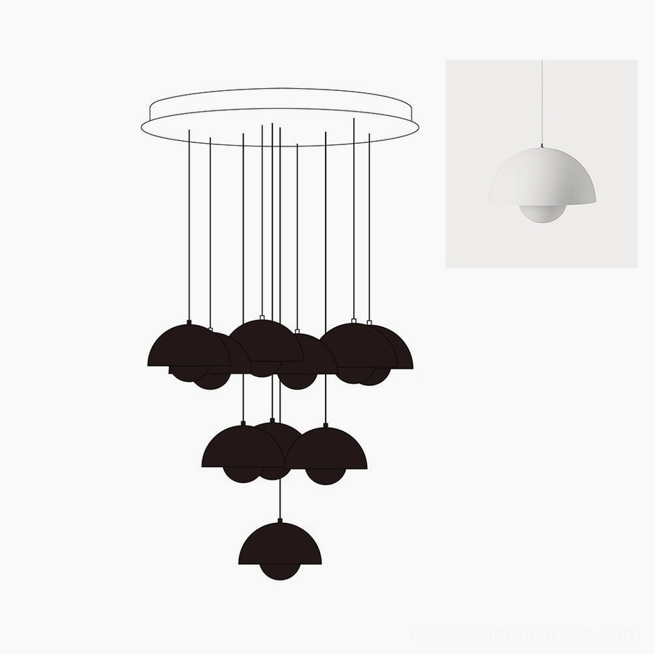 Modern dome pendant chandelier with suspended hemispherical shades creating dynamic light composition