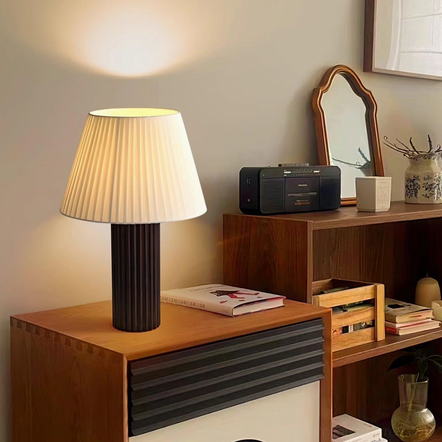 Sustainable rubber wood table lamp with distinctive pleated shade in eco-conscious modern home interior design and green living aesthetic