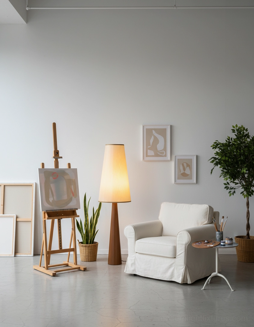 Svelte tapered wooden floor lamp art studio themed space with easel and potted houseplants