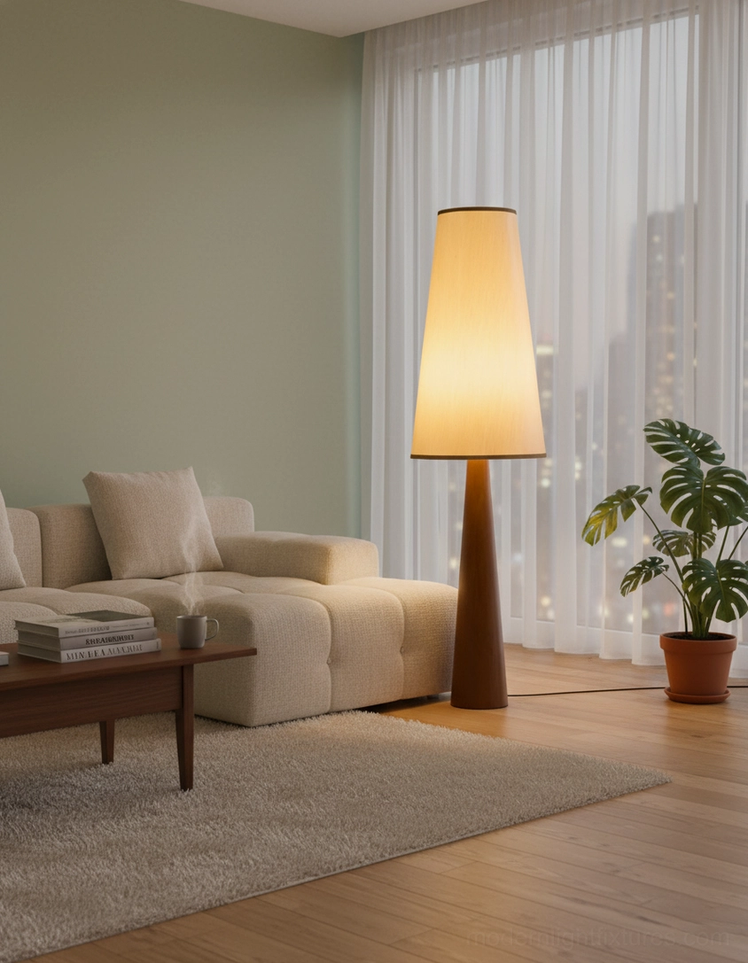 Svelte floor lamp beige fabric shade soft diffused lighting bedroom setup