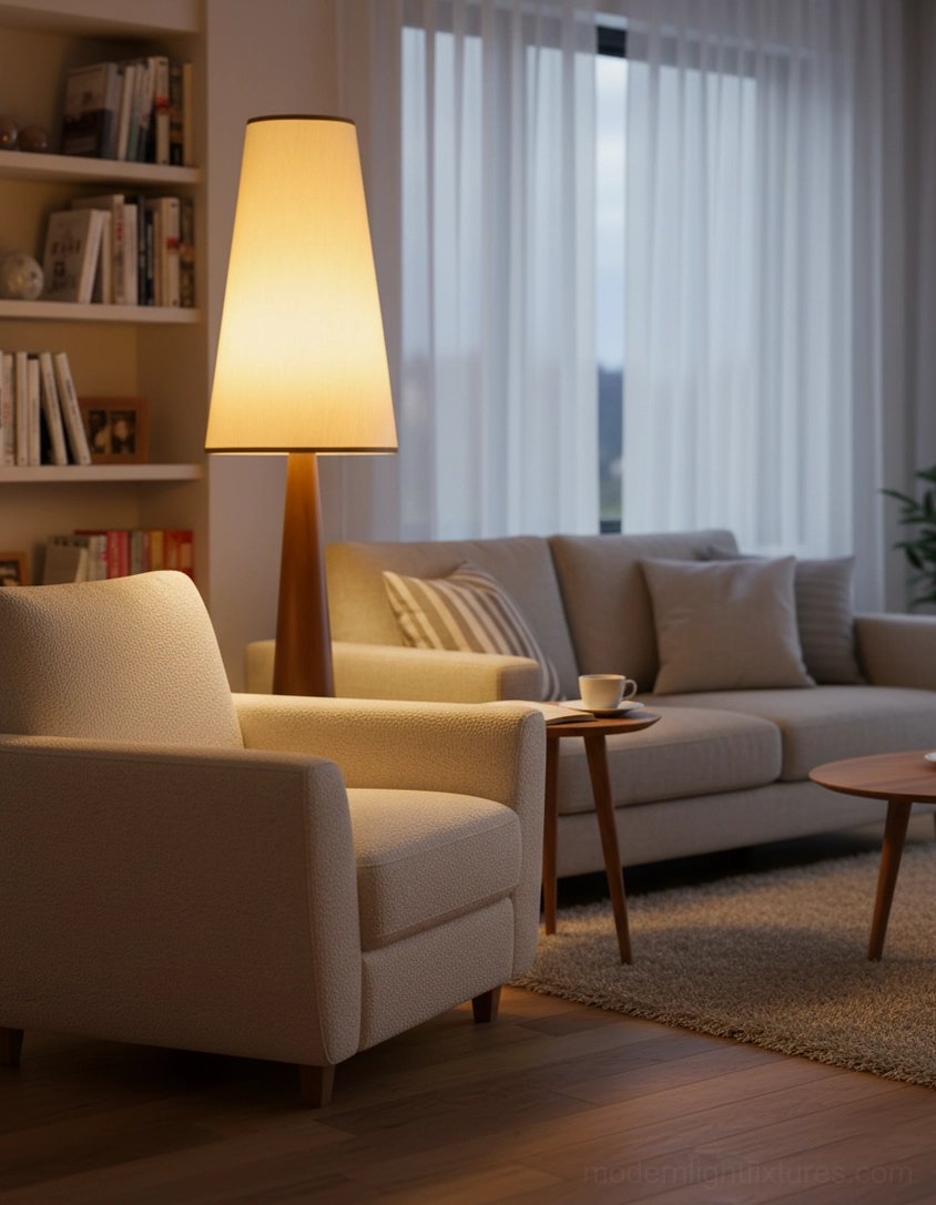 Svelte wooden floor lamp contemporary living room with neutral color palette styling