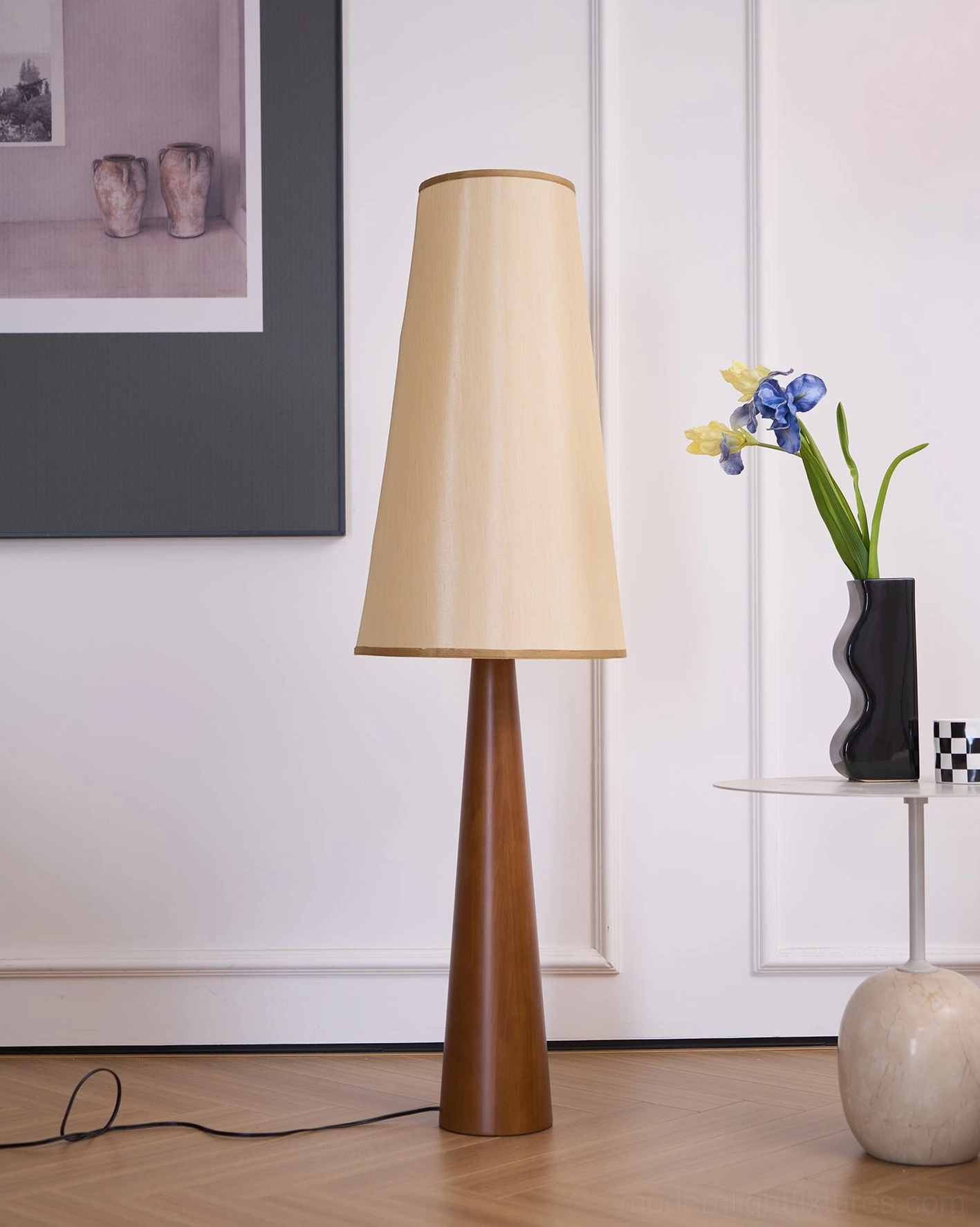 Svelte floor lamp fabric shade texture soft light diffusion ambient glow