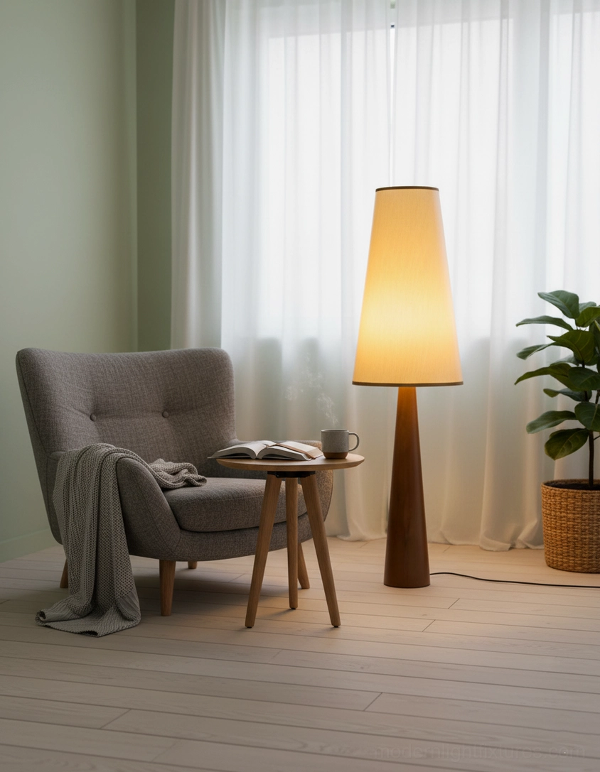 Svelte minimalist floor lamp bright modern living room grey tufted armchair window curtains