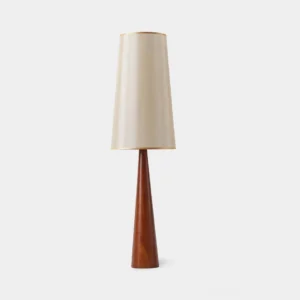 Svelte minimalist tapered floor lamp with fabric shade, walnut wood finish, front view studio photo