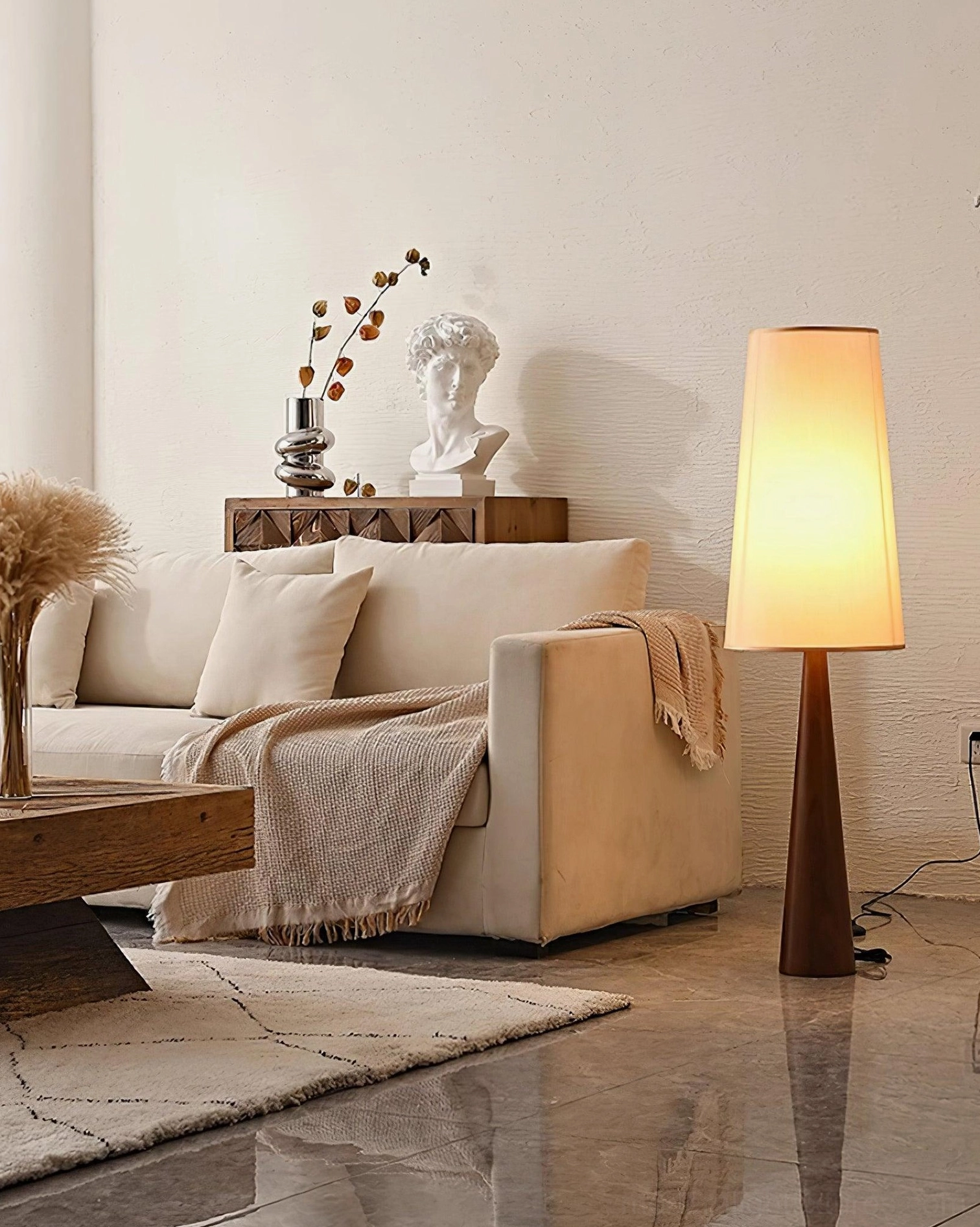 Svelte floor lamp rubber wood construction quality handcrafted materials detail