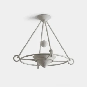 Swanelle modern white sculptural ring chandelier with integrated LED sphere hanging isolated on neutral background, minimalist geometric design