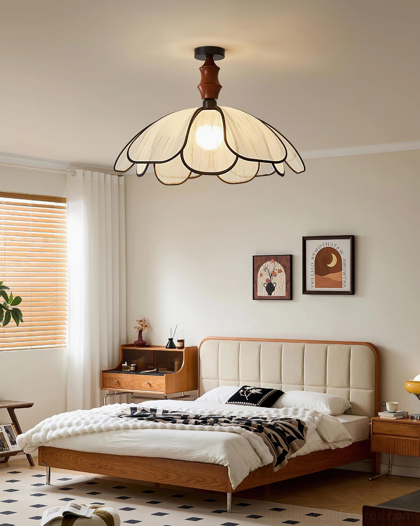 Swanpetal petal ceiling light installed in Japanese minimalist bedroom, warm neutral décor setting