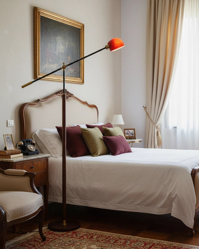 Heritage swing floor lamp positioned beside bedside table in luxury bedroom with vintage interior design