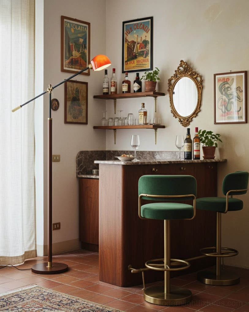 Adjustable swing arm floor lamp in different color finish option displayed in home interior scene