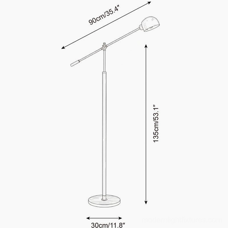 Technical dimension and size specifications drawing of Heritage swing arm floor lamp