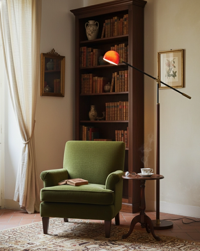 Mid-century swing arm floor lamp next to green velvet chair and bookshelf in library study corner