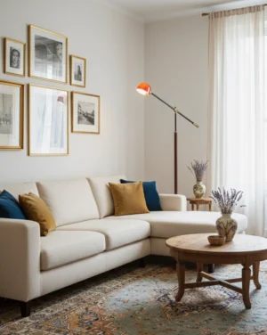 Modern adjustable swing floor lamp positioned beside L-shaped sofa in contemporary living room setting