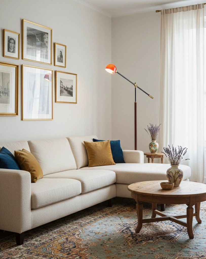 Modern adjustable swing floor lamp positioned beside L-shaped sofa in contemporary living room setting