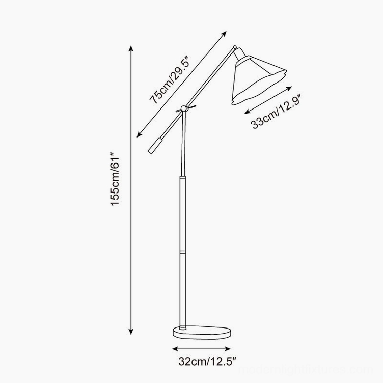 Technical schematic drawing of swing arm floor lamp showing dimensions, arm reach, and shade proportions