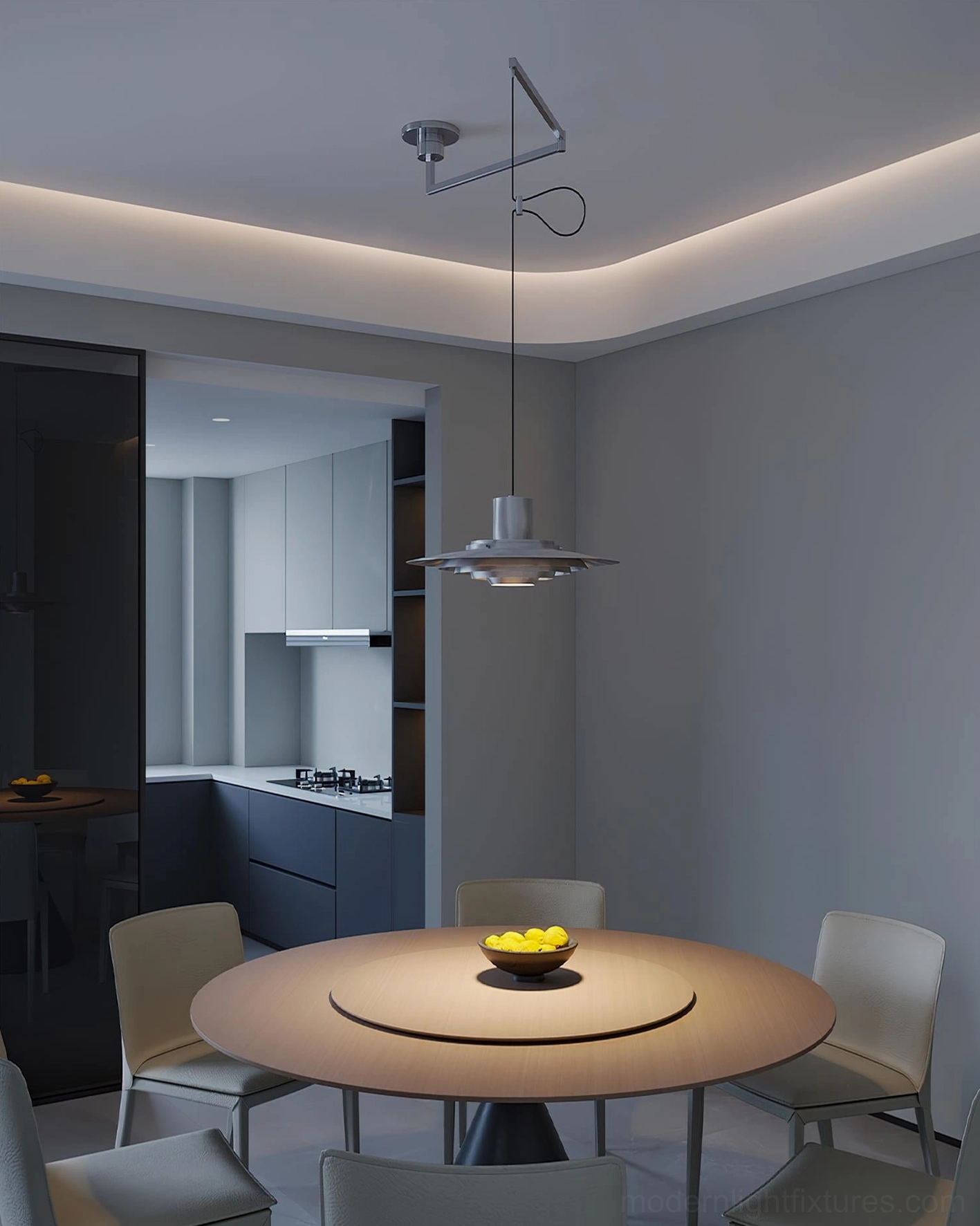 Swing arm pendant light installation detail, showing ceiling mount and adjustable arm flexibility in modern interior design