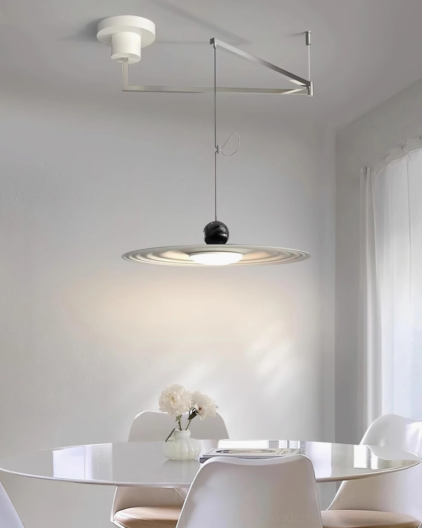 Modern swing arm pendant lamp detail showing aluminum construction and textured rippled shade closeup