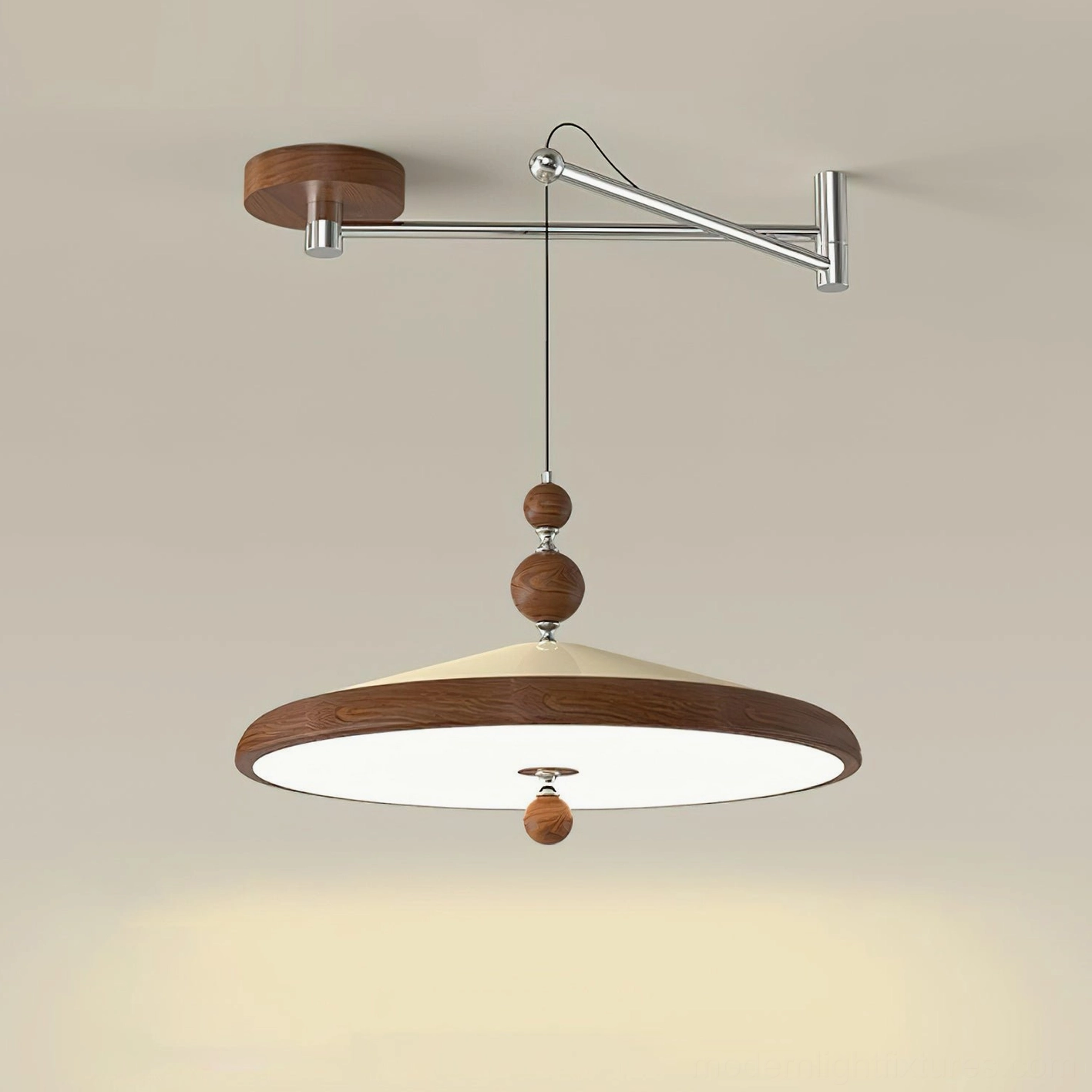 Contemporary adjustable swing arm pendant lamp displayed against warm beige background with wooden bead decorative elements