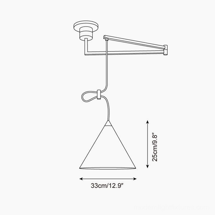 Technical specifications diagram showing swing arm pendant lamp dimensions 33cm x 25cm