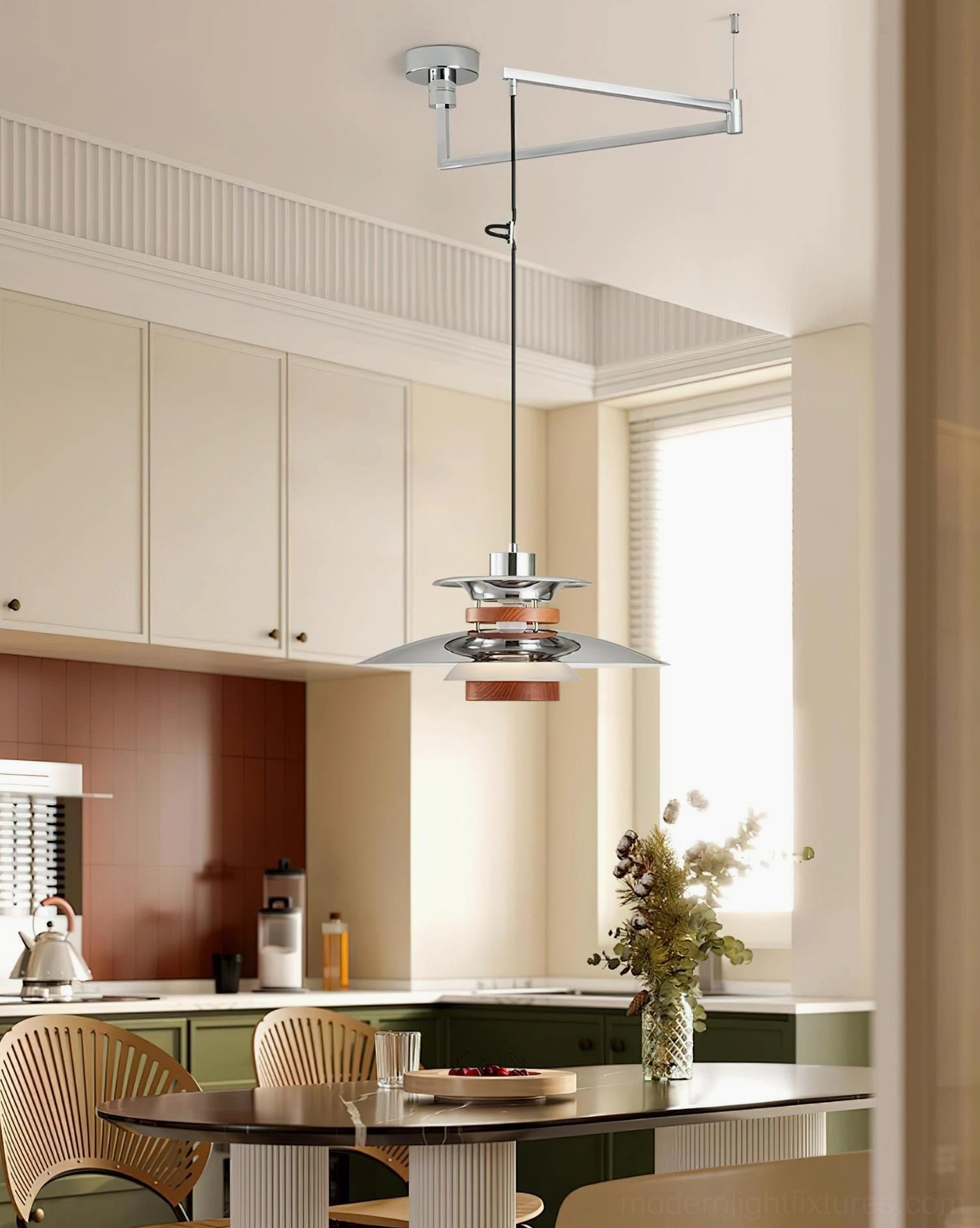 Adjustable swing arm pendant lamp in modern kitchen dining area, contemporary home style