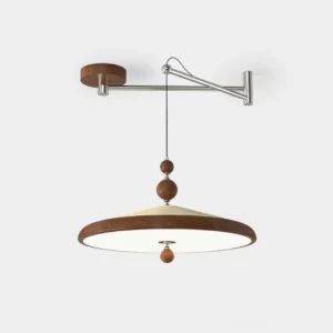 Modern adjustable swing arm pendant lamp with acrylic shade on white studio background, showcasing mid-century modern design with walnut wood grain details