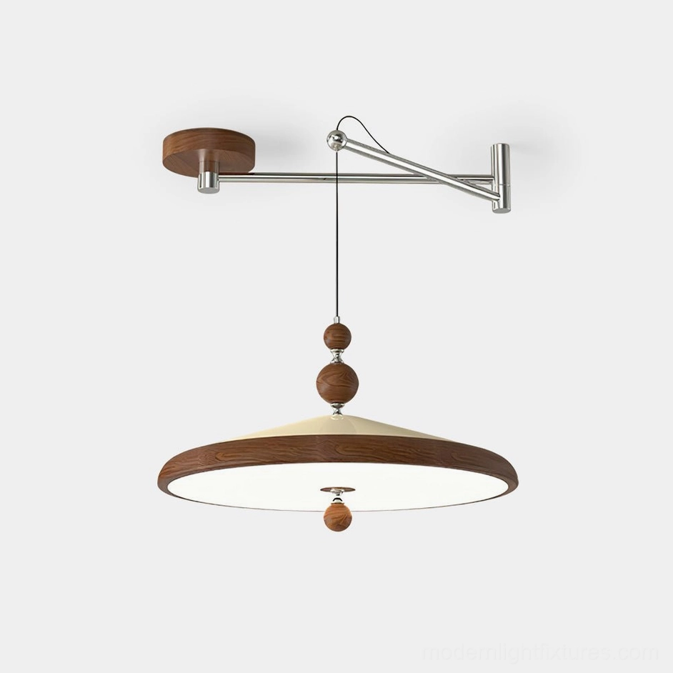 Modern adjustable swing arm pendant lamp with acrylic shade on white studio background, showcasing mid-century modern design with walnut wood grain details