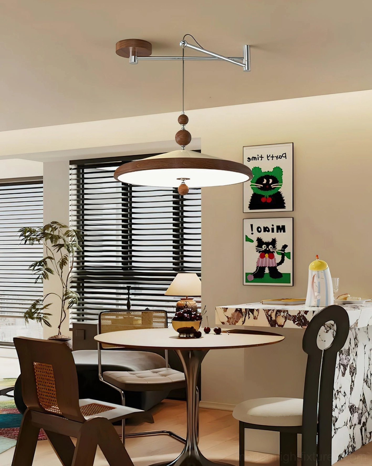Adjustable swing arm pendant lamp hanging in residential dining nook with window blinds, warm-toned interior home setting