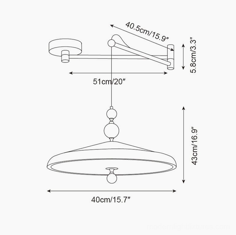 Technical orthographic schematic drawing of smaller 40cm swing arm pendant lamp showing dimension markings and measurements