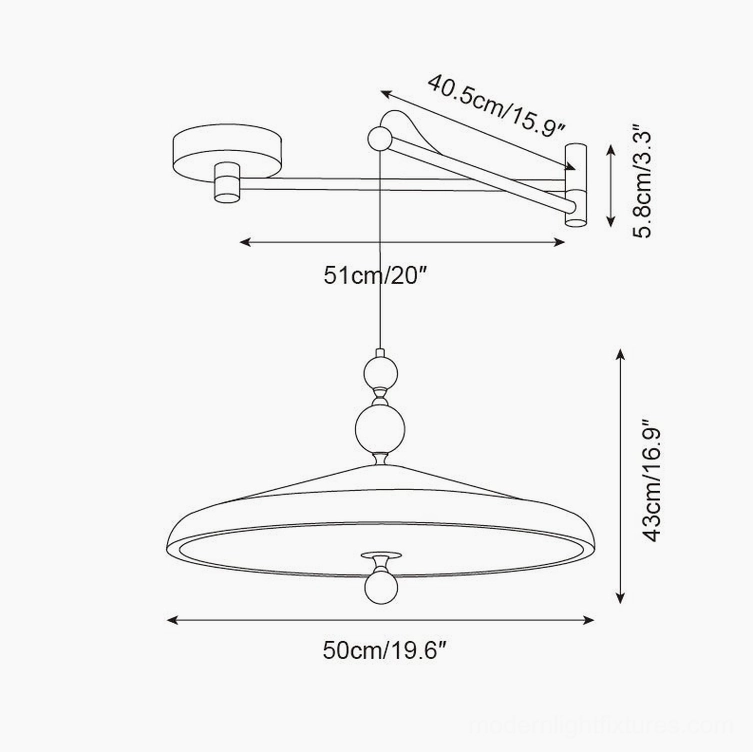 Technical orthographic schematic drawing of larger 50cm swing arm pendant lamp with detailed dimension specifications marked