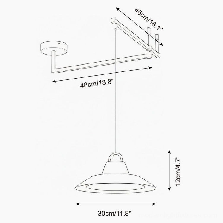 Technical schematic diagram small 30cm swing arm pendant light specifications blueprint