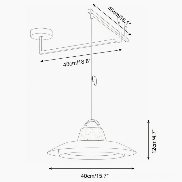 Technical schematic diagram medium 40cm swing arm pendant light size specifications