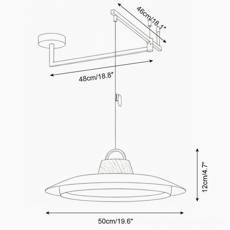 Technical schematic diagram large 50cm swing arm pendant light dimensions blueprint