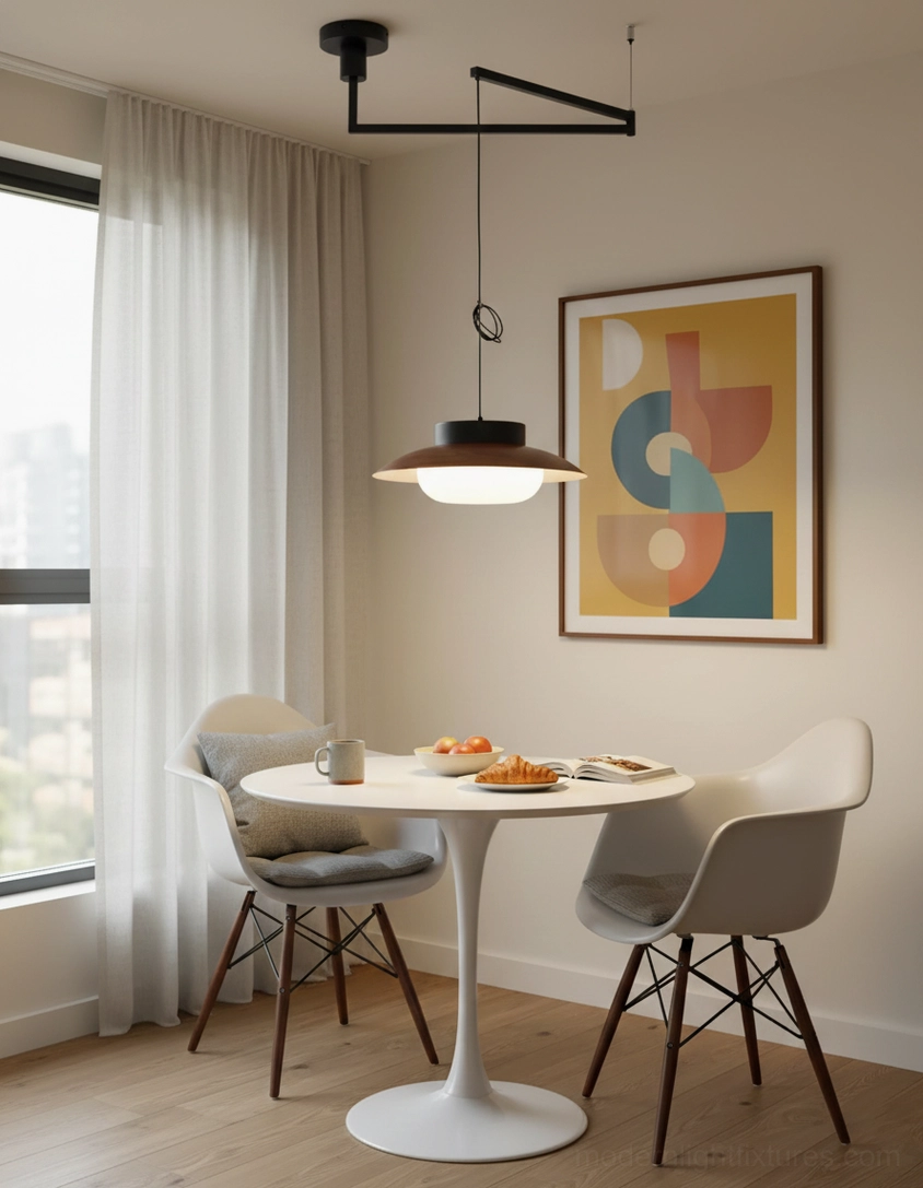 Black swing arm pendant fixture in minimalist modern round dining room with dark saucer shade