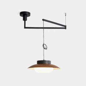 Modern swing arm pendant light with black metal frame and walnut brown glass shade, front studio view