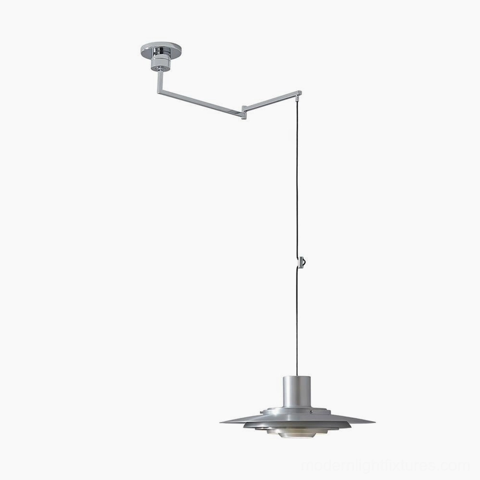 Swing arm pendant light with brushed silver finish, sleek contemporary design showing layered aluminum shade construction