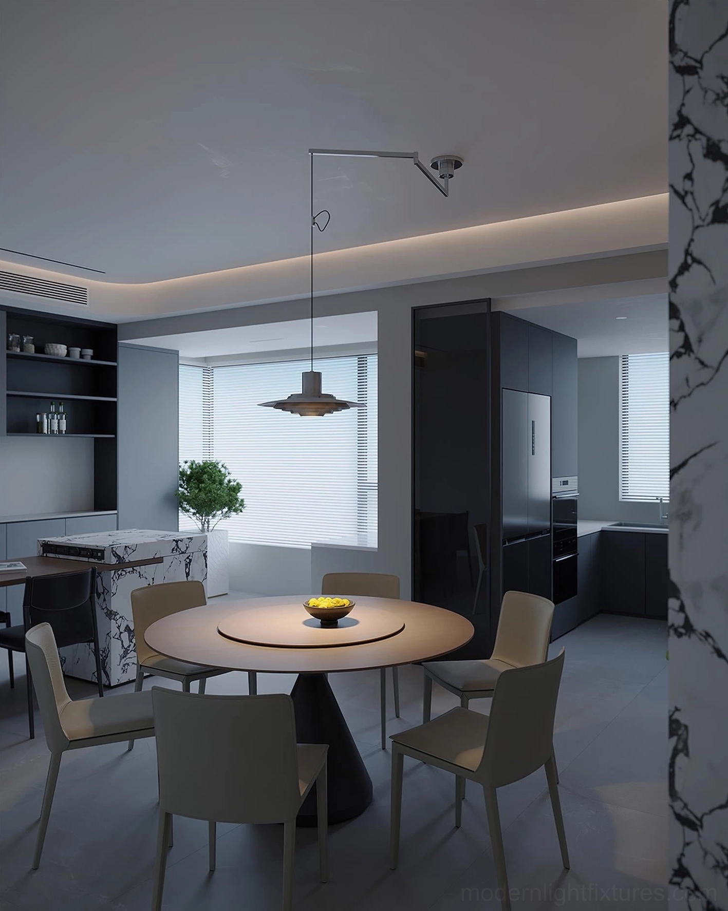 Adjustable swing arm pendant light in chrome finish, showcasing reflective metallic surface and geometric shade design