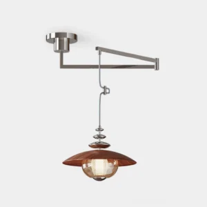 Modern swing arm pendant light with chrome metal frame and wood accents, front studio view showing glass shade and architectural design
